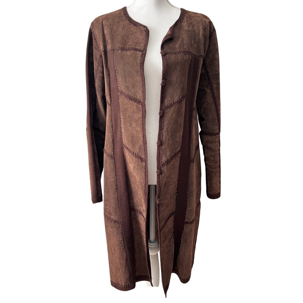 Vintage Long Suede Crochet Cardigan Coat Women Medium Brown Patchwork Boho Artsy